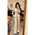 Waist-Grabbing Beige Coat and Wide Leg Pants Set