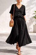 Women's V-Neck Button-Up Top & Long Skirt Set