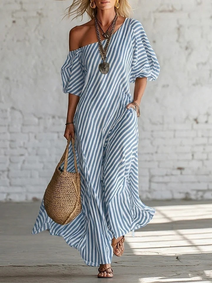 Women's Striped Off-Shoulder Elegant Midi Dress