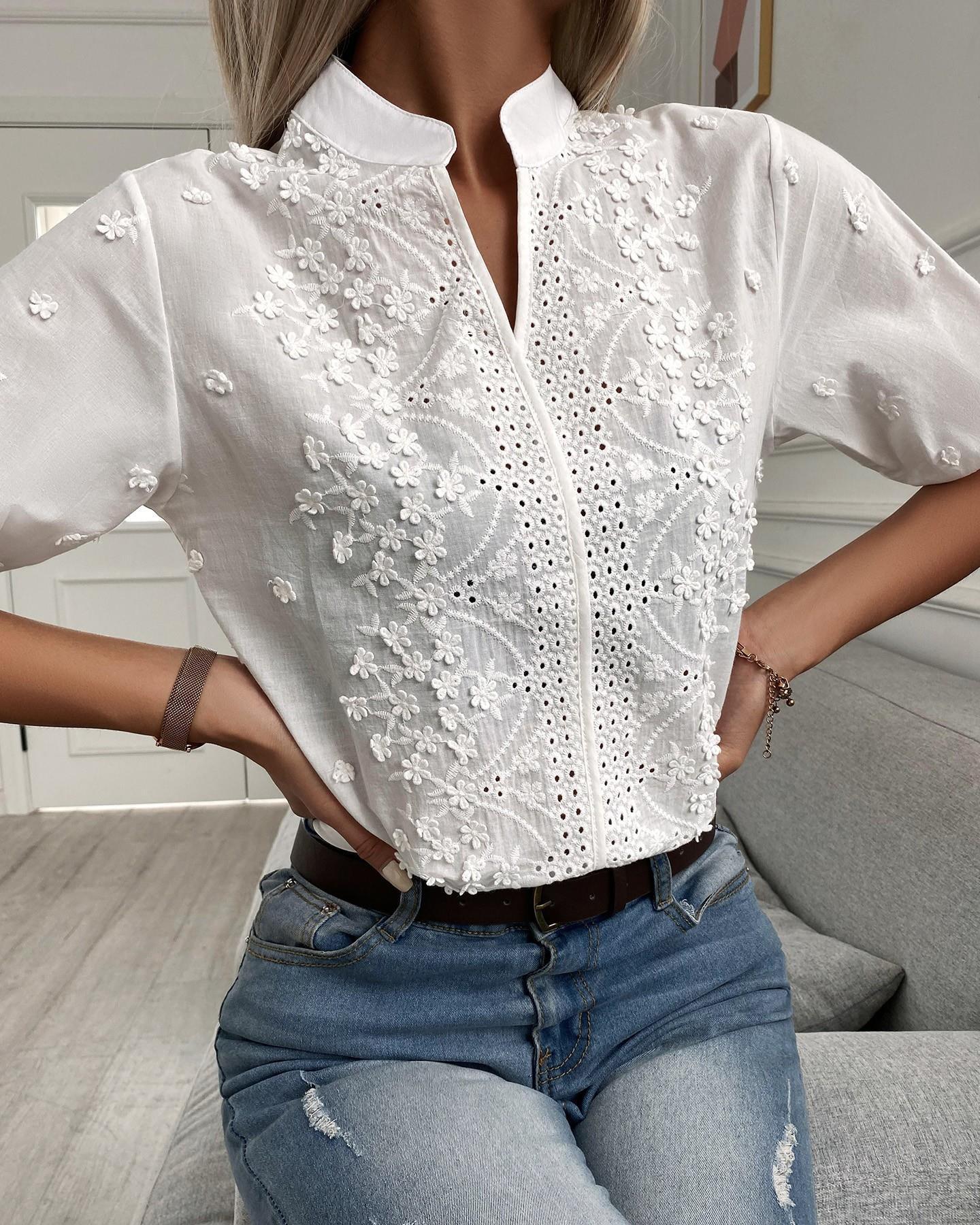 🌸 Women's V-Neck Stand Collar Embroidered Lace Blouse