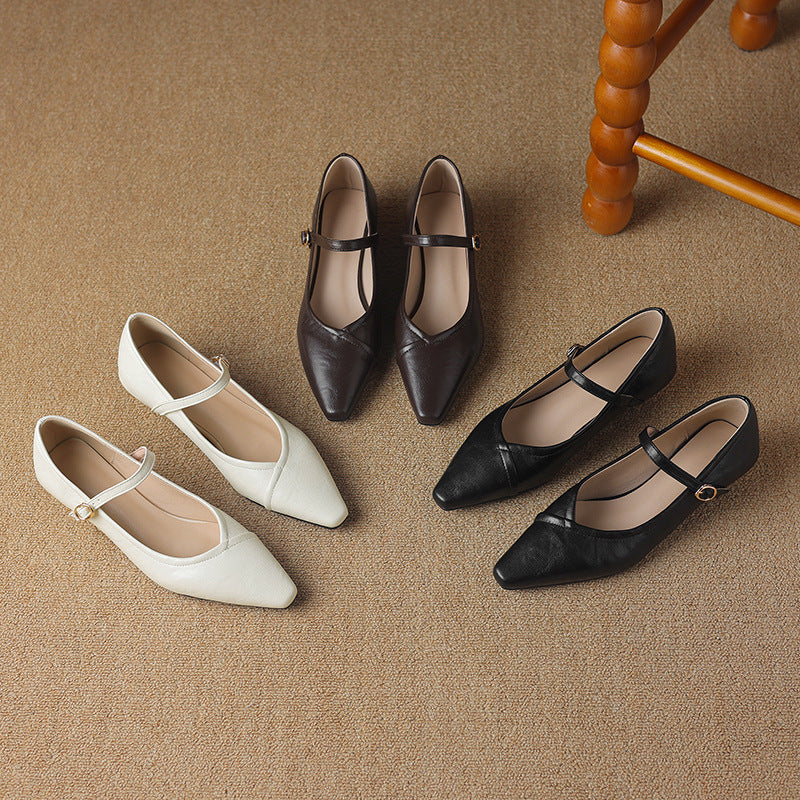 Women's Pointed Toe Low Square Heel Buckle Flats – Floral Detail Dress Shoes