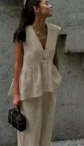 Women’s Cotton V-Neck Sleeveless Vest and Wide-Leg Pants Set