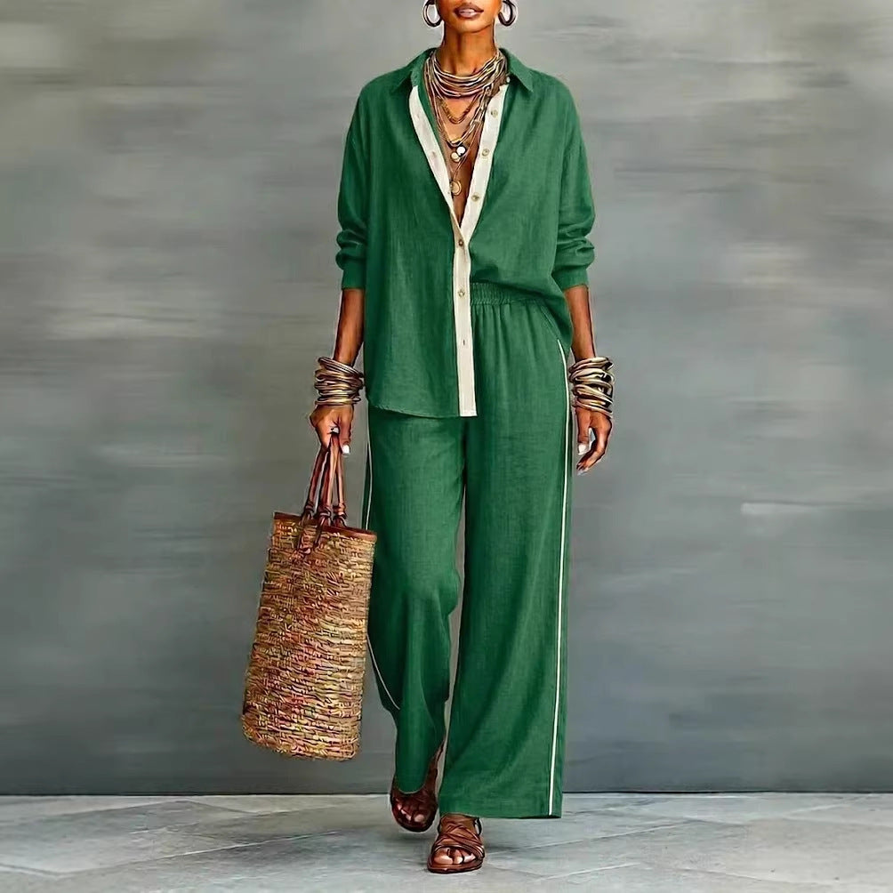 Contrast-Color Long-Sleeve Shirt & Pants Set – Two-Piece
