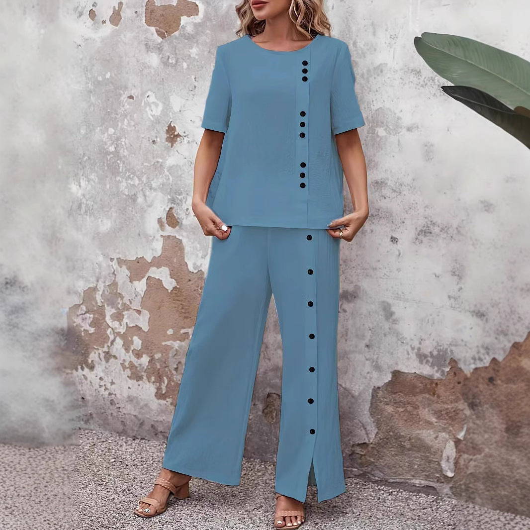 Women’s Button-Up Top and Loose Fit Two Piece Linen Set