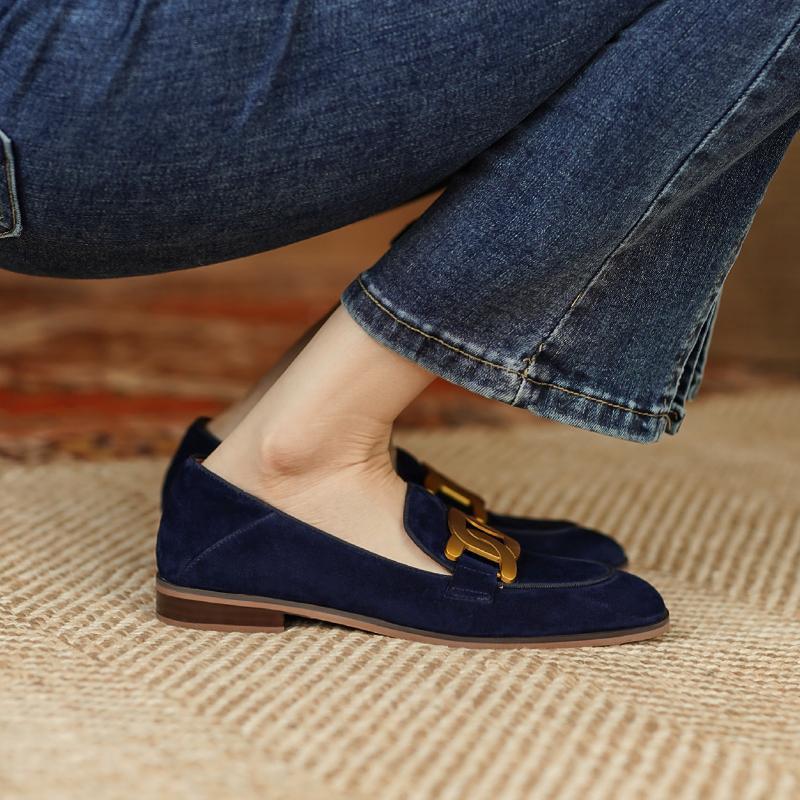 Women's Retro Metal Buckle Suede Loafers – Platform Chunky Heel Slip-On