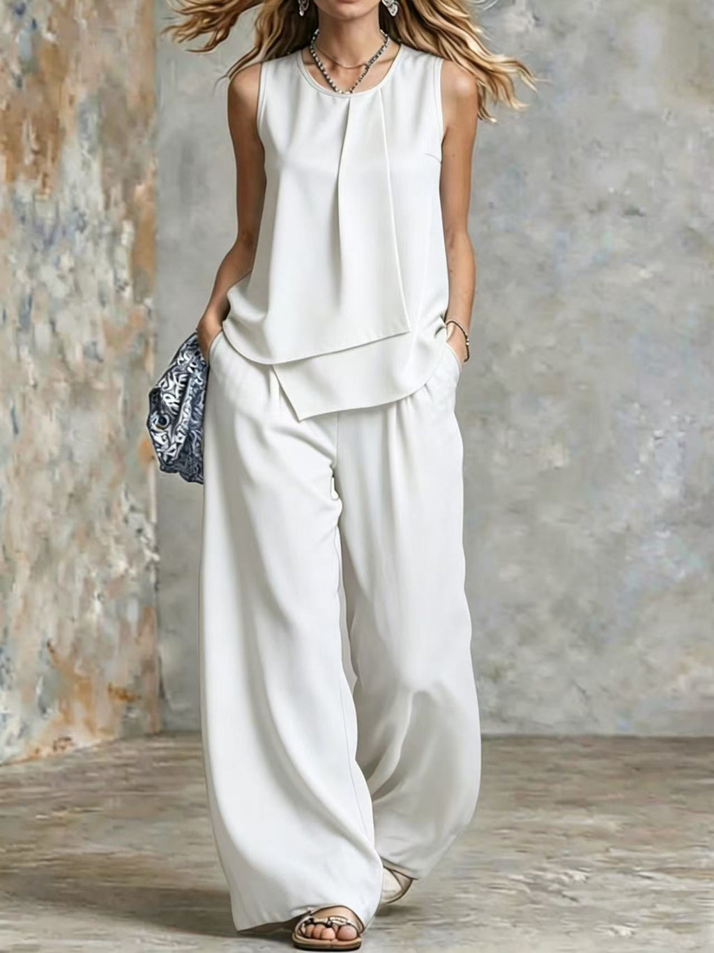 Women's Sleeveless Two-Piece Set – Solid Color Wide-Leg Pants & Top