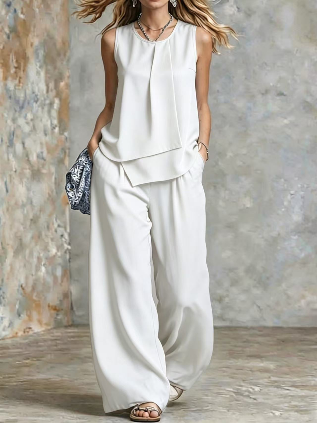 Women's Sleeveless Two-Piece Set – Solid Color Wide-Leg Pants & Top