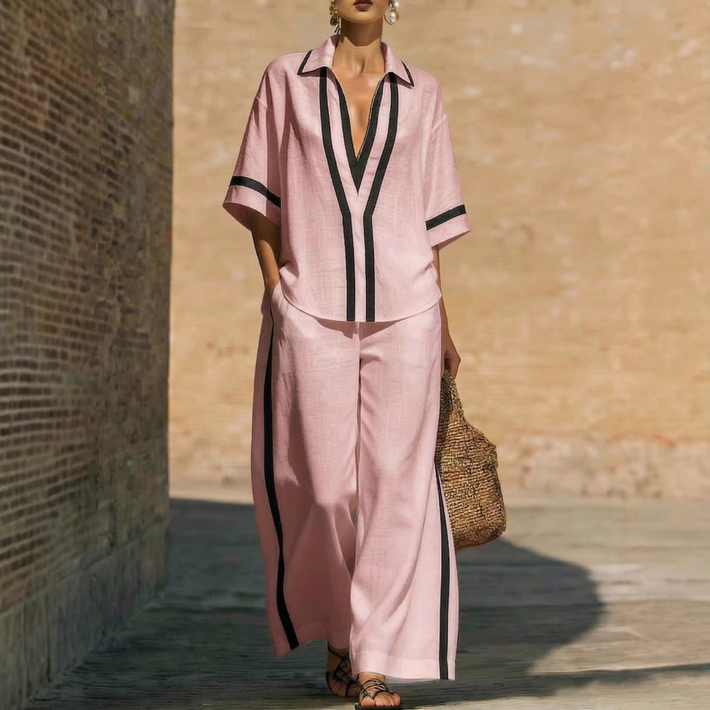 Women’s Color Block Shirt and Wide-Leg Pants Set