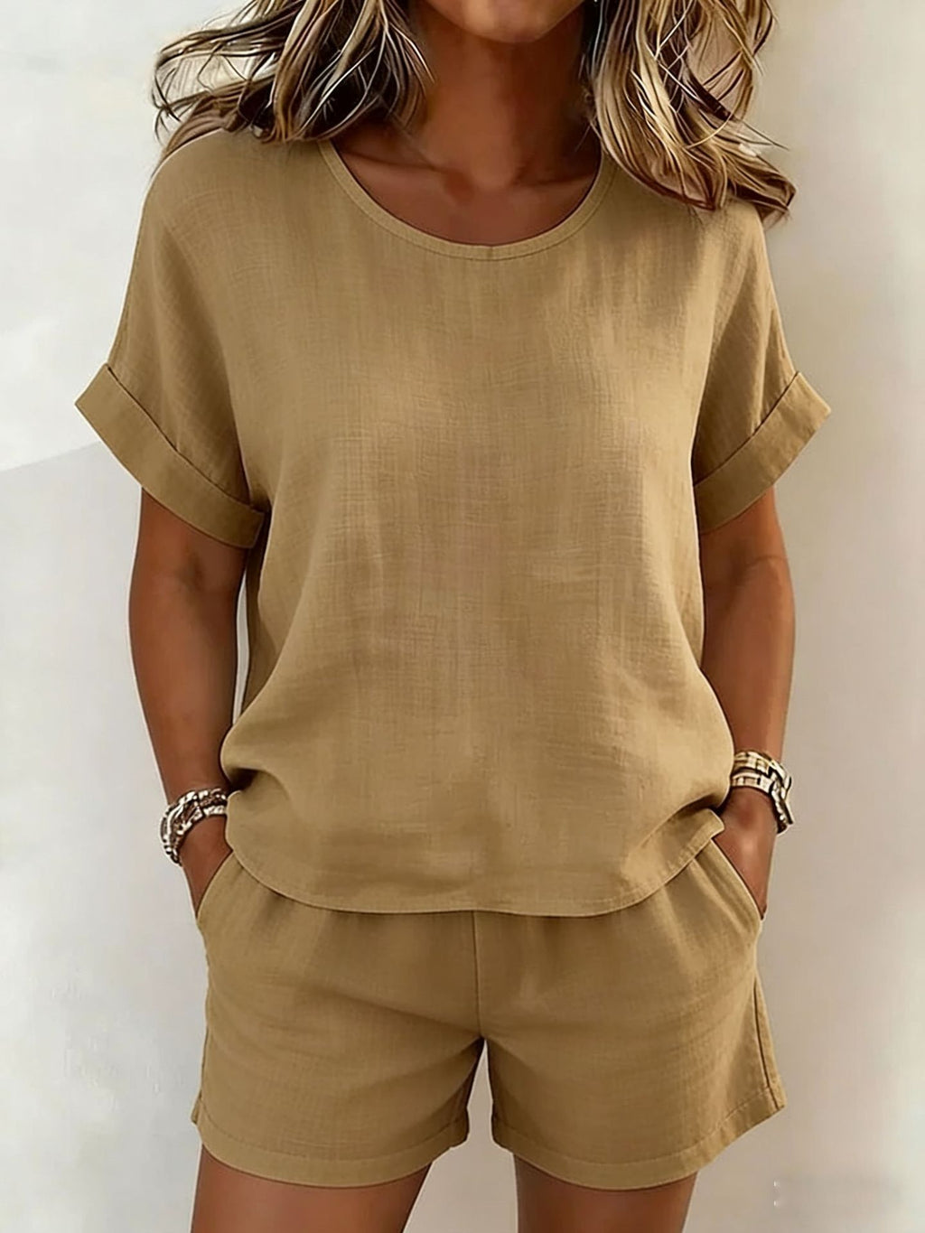 Solid-Color T-Shirt & Shorts Set – Cotton Linen, 10 Colors
