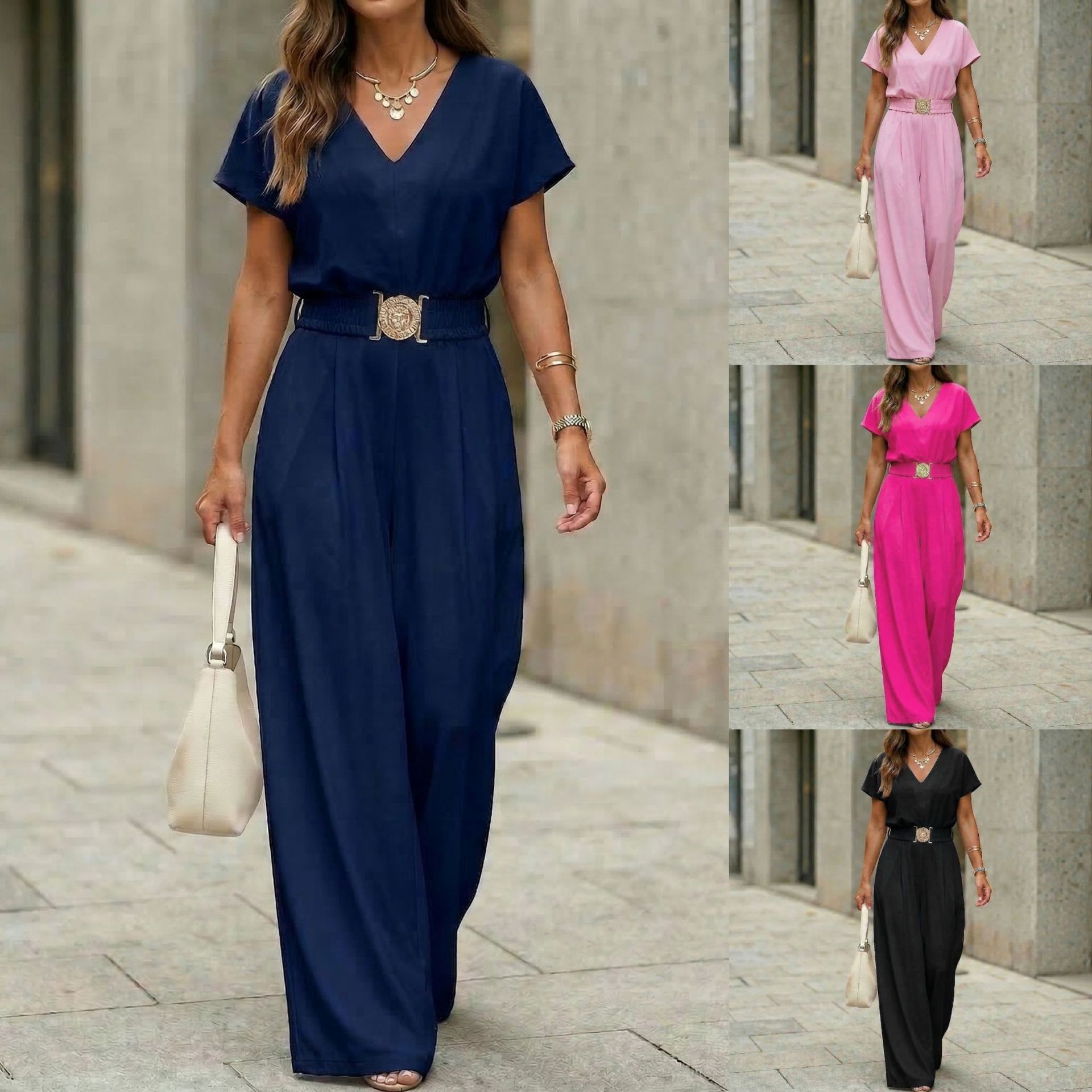Women's V-Neck Belted Wide-Leg Jumpsuit