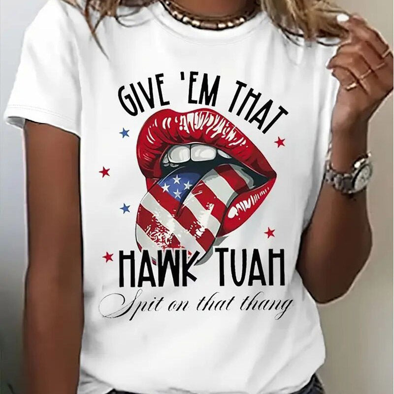 Women's Round Neck American Flag Lips & Stars Print Summer Top