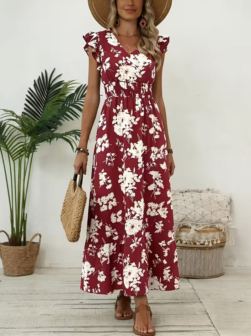 Women's V-Neck Floral Print A-Line Midi Dress – High Waist Sleeveless