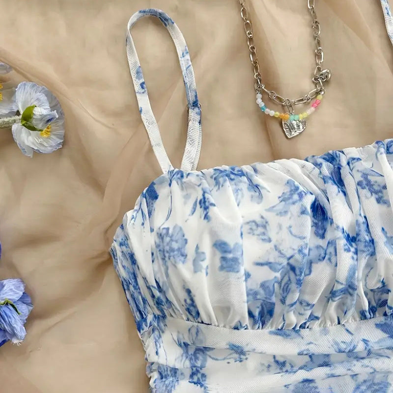 Boho Floral Spaghetti Strap Mini Dress – Ruched Ruffle Hem Vacation Sundress