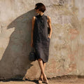 Women's Sleeveless A-Line Midi Dress – Solid Color Cotton Linen Casual
