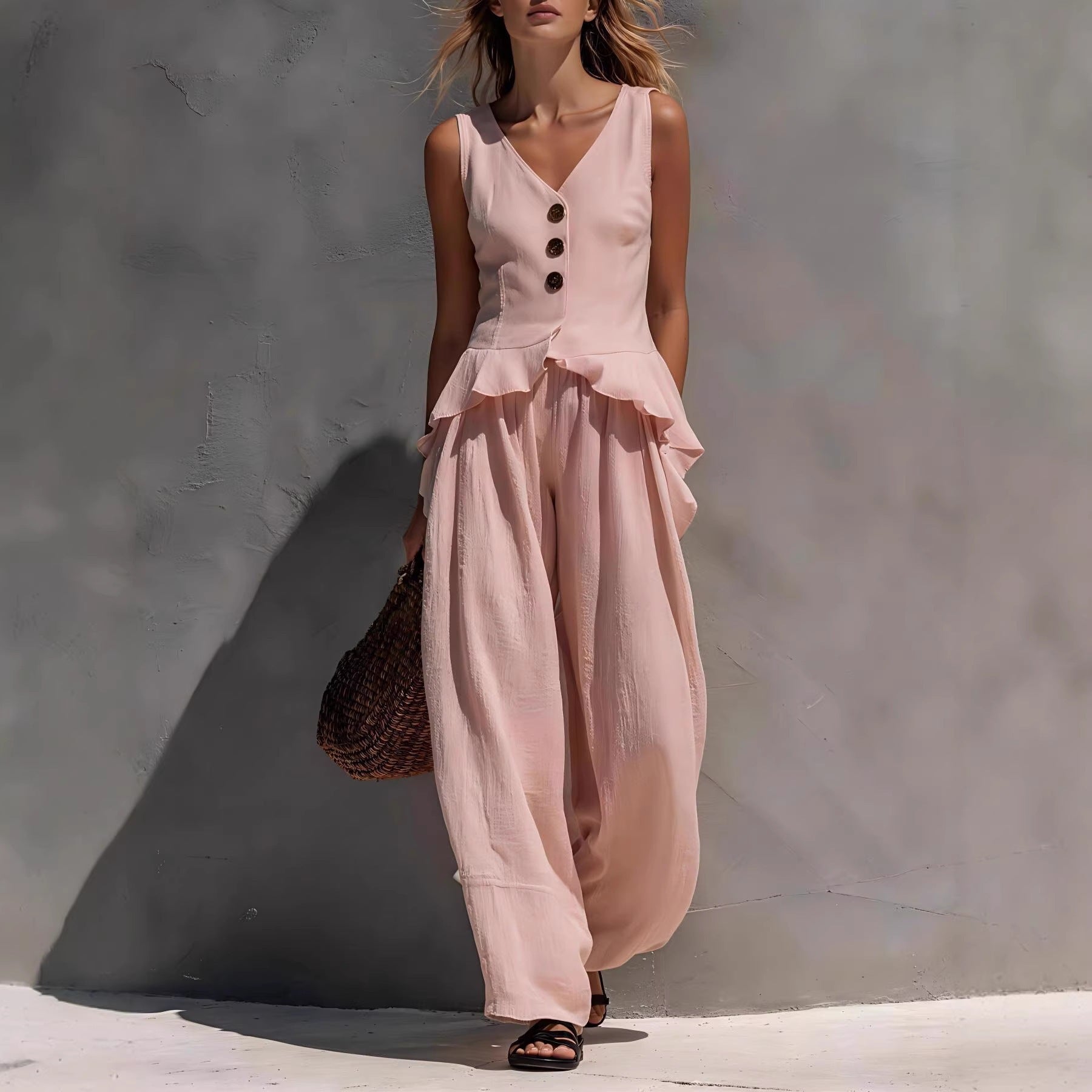 Ruffled Tank Top & Draping Wide-Leg Pants Set – 6 Colors, S–3XL