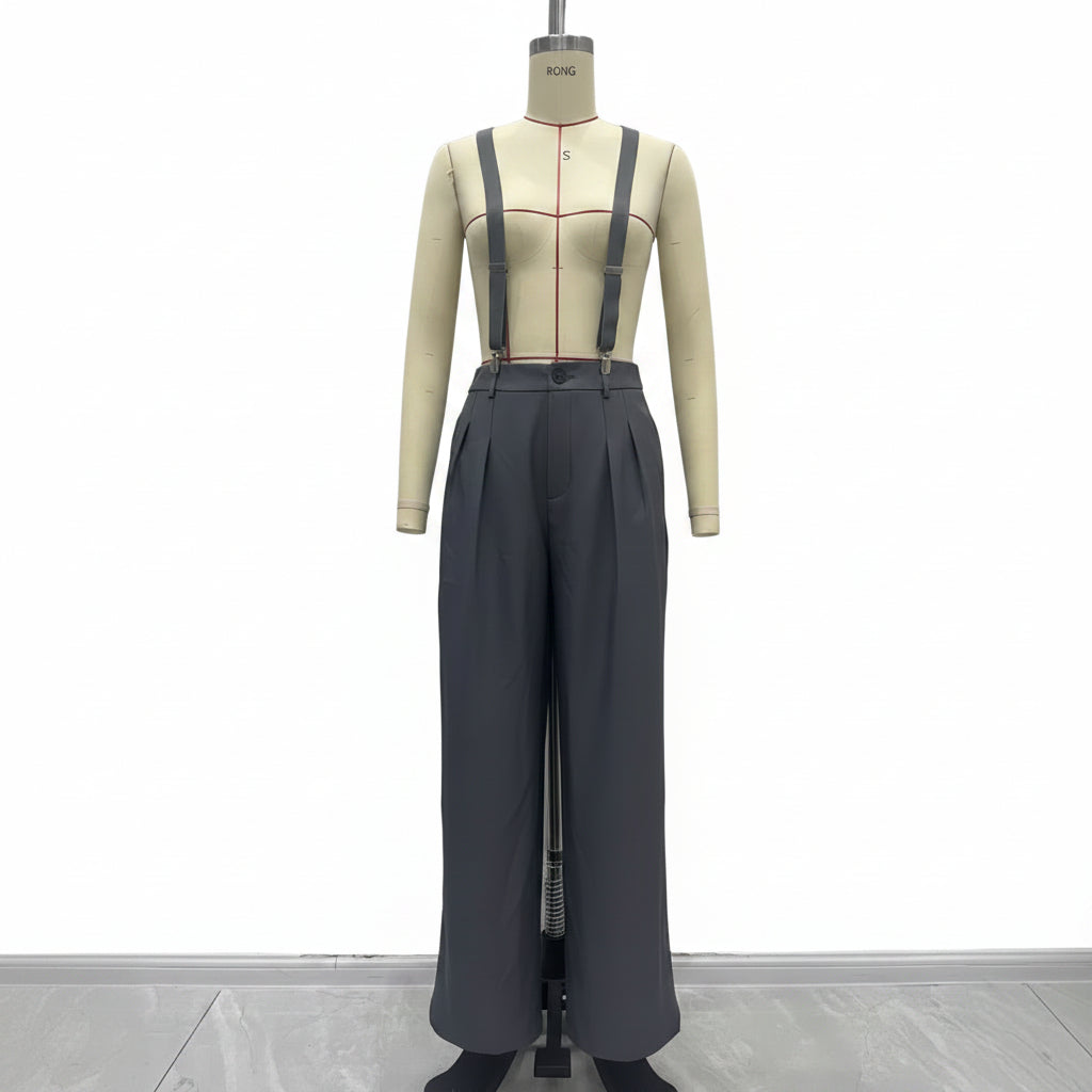 Women's High Waist Wide Leg Pants with Detachable Shoulder Straps & Pockets