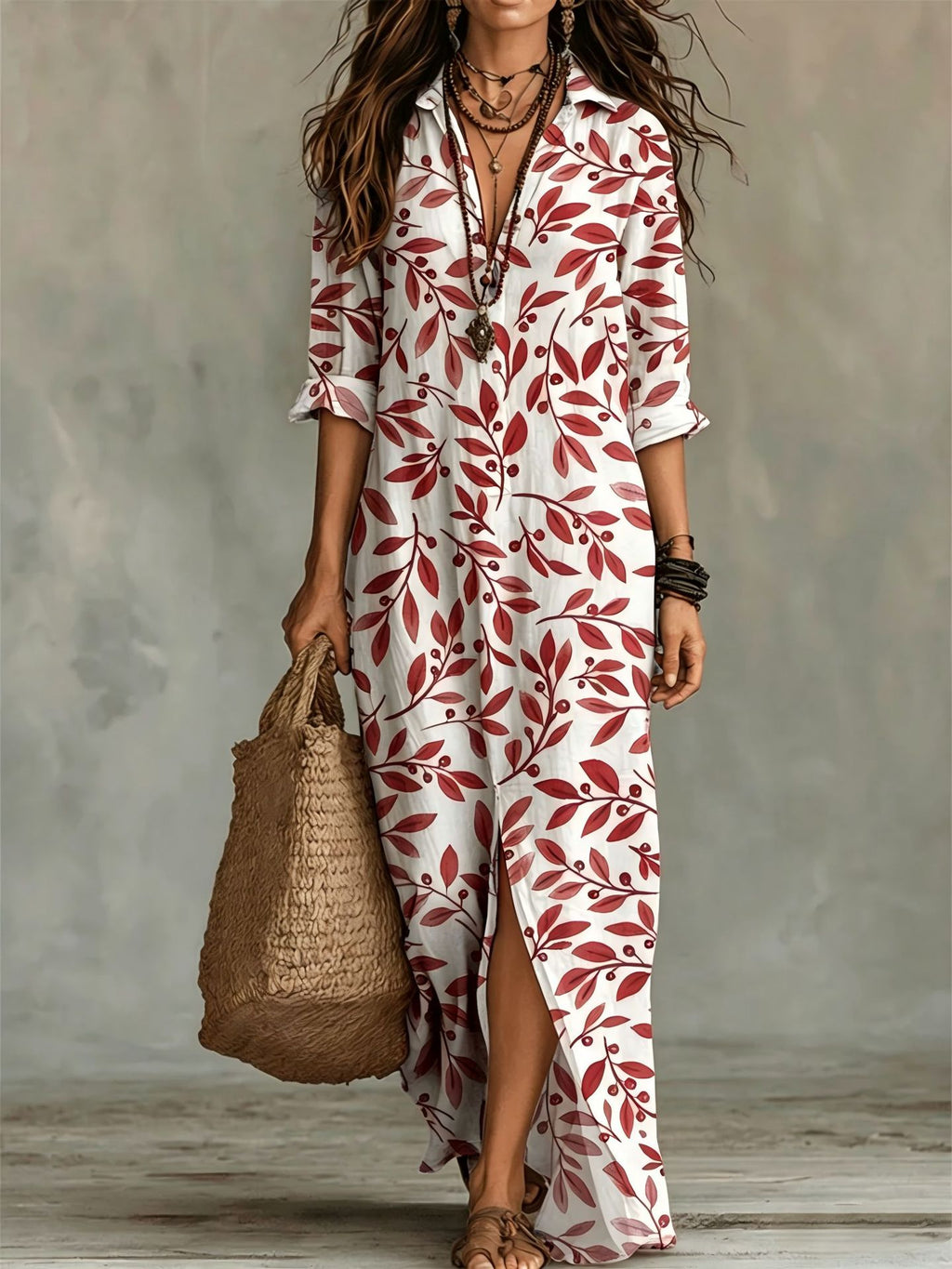 Digital Print Lapel Midi Shirt Dress – 5 Colors, S–3XL