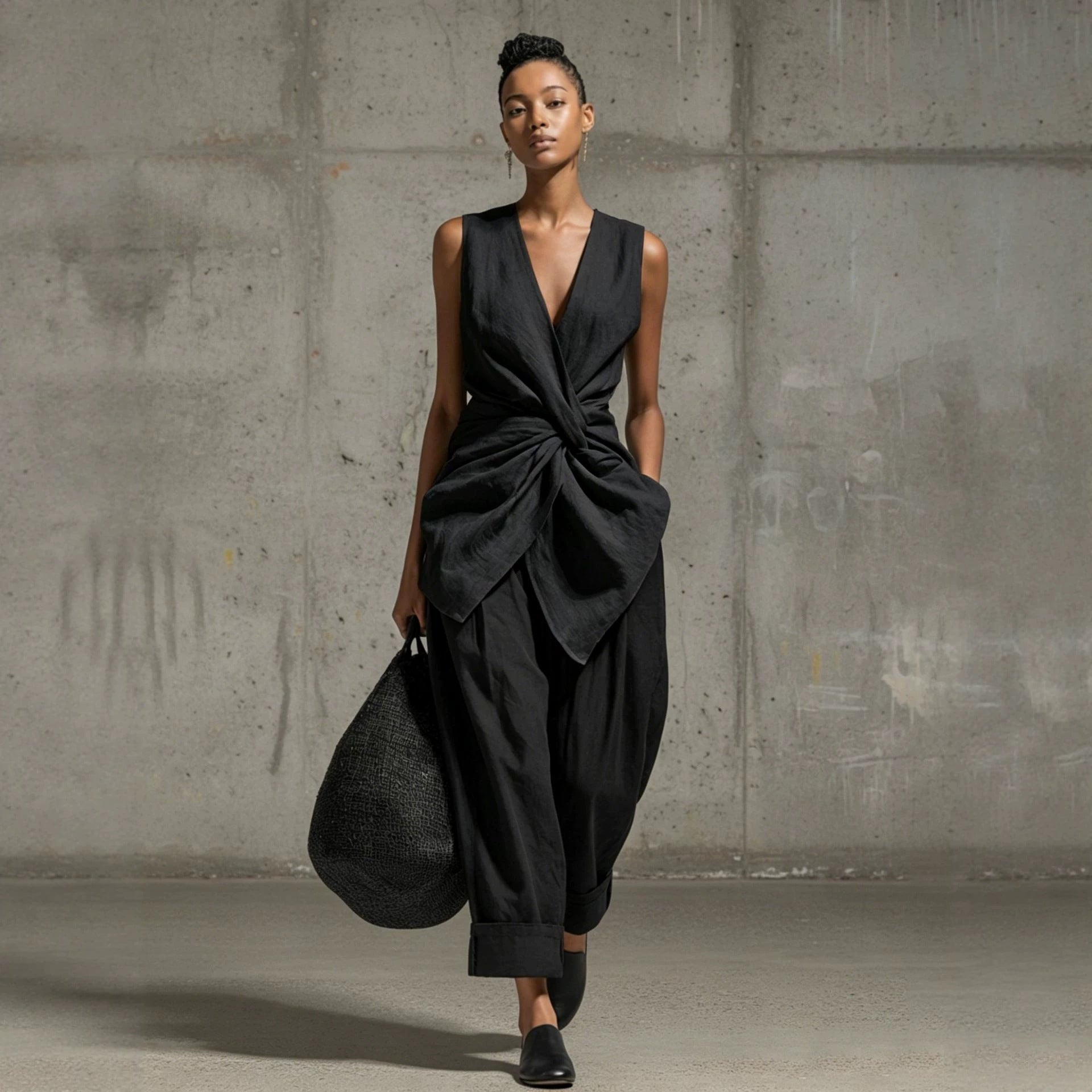 Women's Tie-Front V-Neck Sleeveless Top & Wide-Leg Pants Set