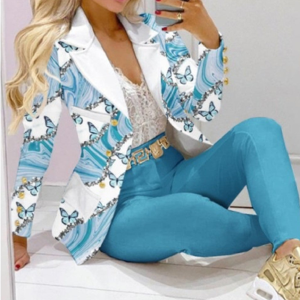 Women's Printed Coat & Trousers Two-Piece Set – 19 Prints, Casual Fashion Suit
