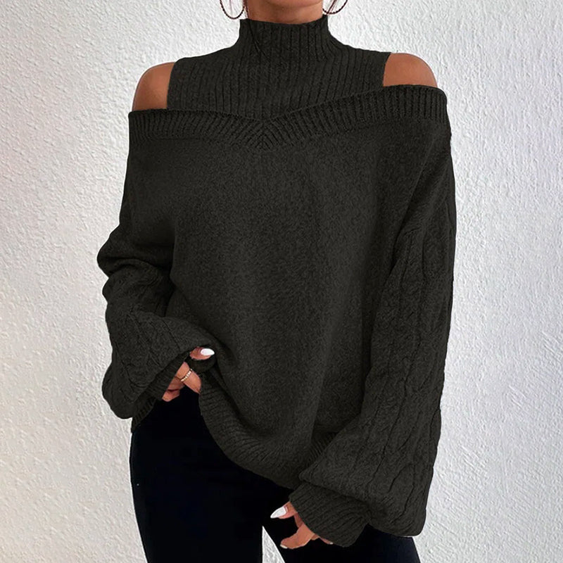 Women's Cold Shoulder Sweater - High Neck Cut Out Pullover Long Sleeve