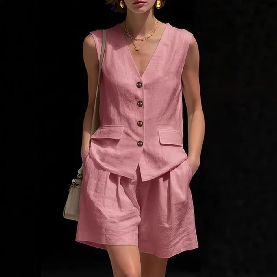 Women’s Cotton Linen Sleeveless Vest Top and Shorts Set
