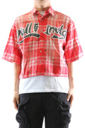 LIADE Washed Flannel Crop Top Button Down Shirt