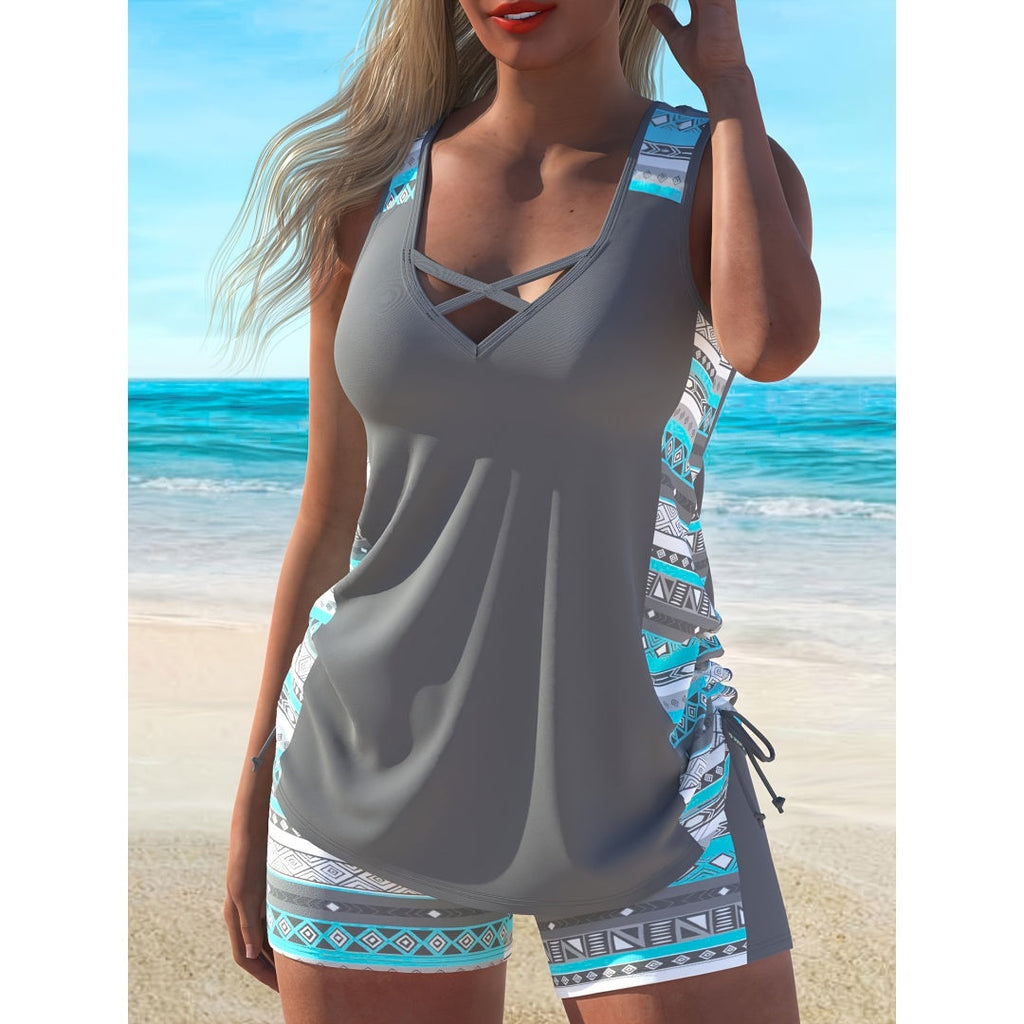 Plus Size Aztec Print Tankini Set – V-Neck Cross-Strap Top & Bike Shorts Two-Piece Swimsuit