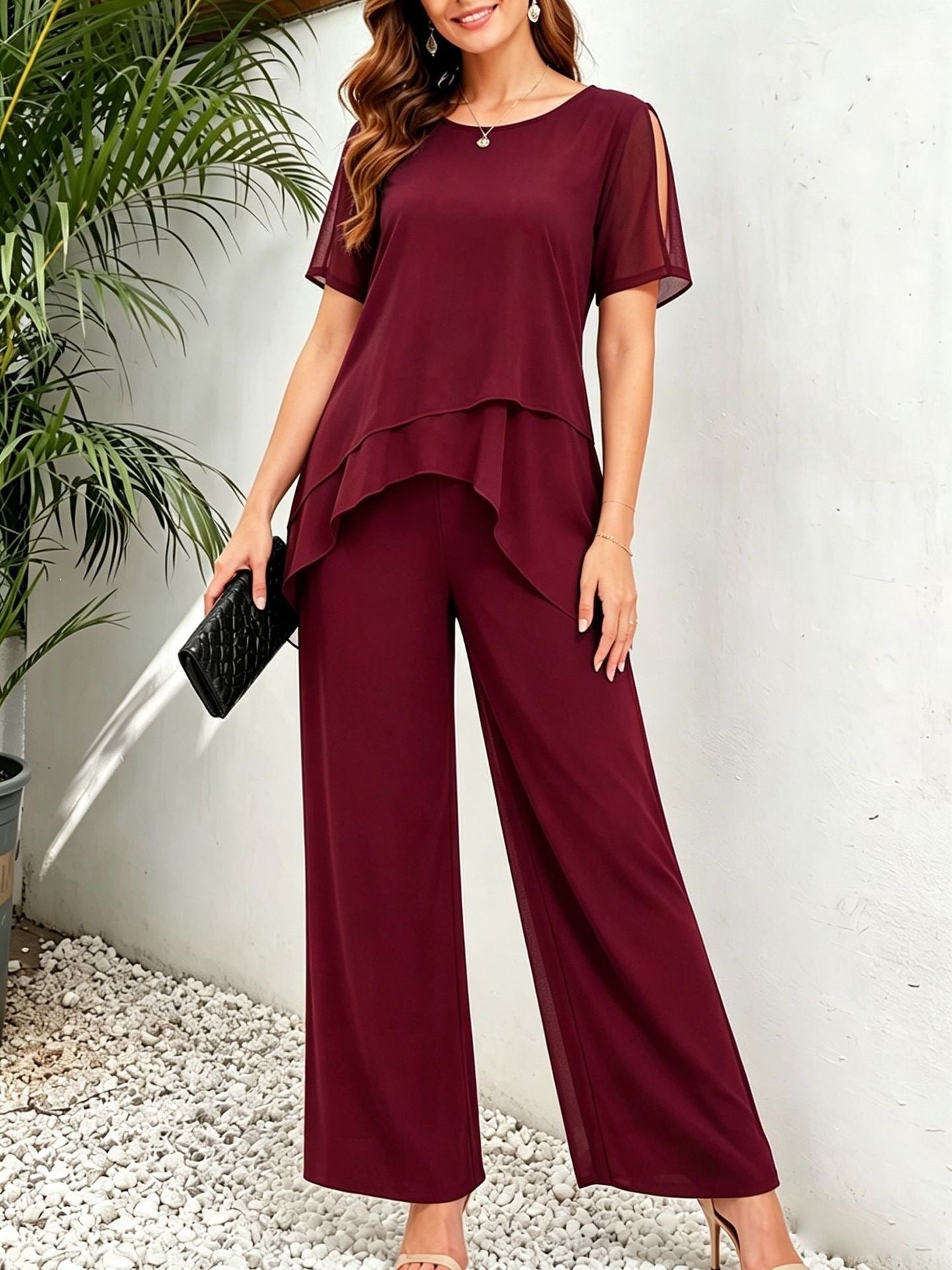Women's Irregular Hem Top & Wide Leg Pants Two-Piece Set