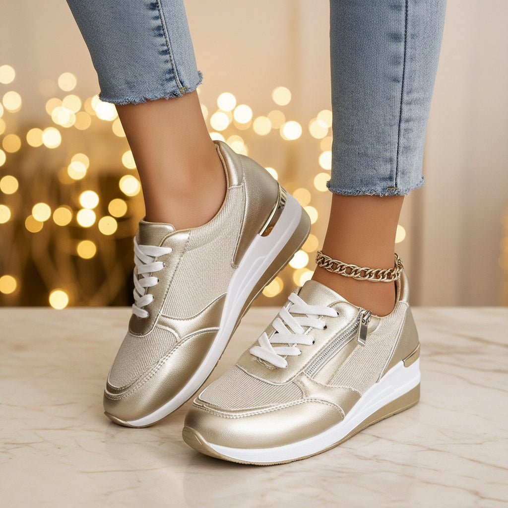 Metallic Lace-Up Side Zipper Thick-Sole Sneakers – 3 Colors EU 37–44