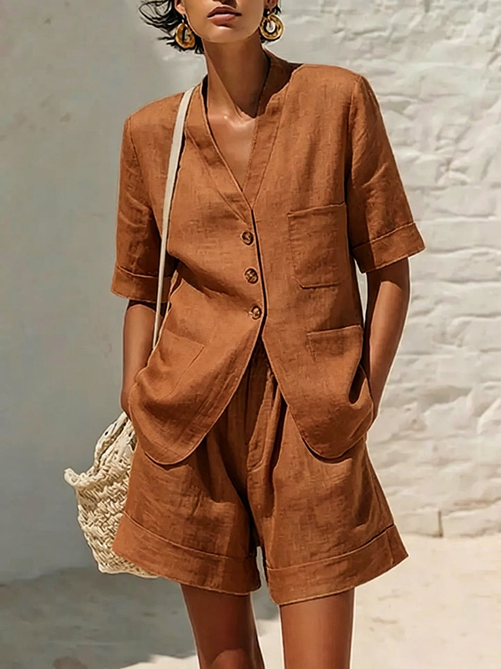 Women's Cotton-Linen Loose-Fit T-Shirt & Cropped Shorts Two-Piece Set