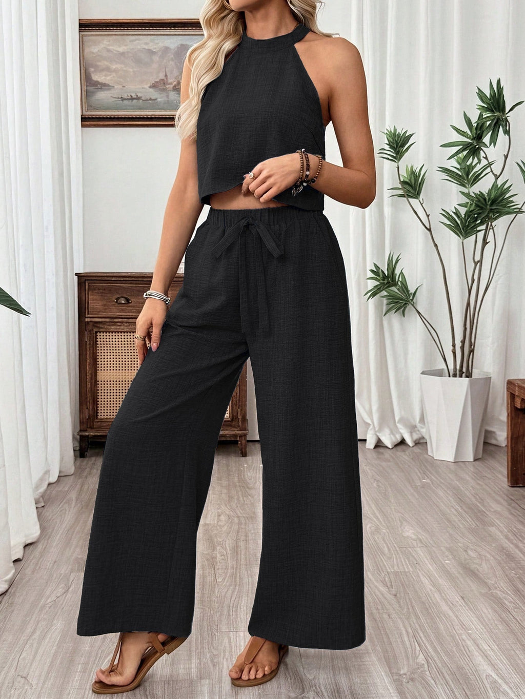 Women's Halter Neck Cropped Top & Wide-Leg Pants Two-Piece Set