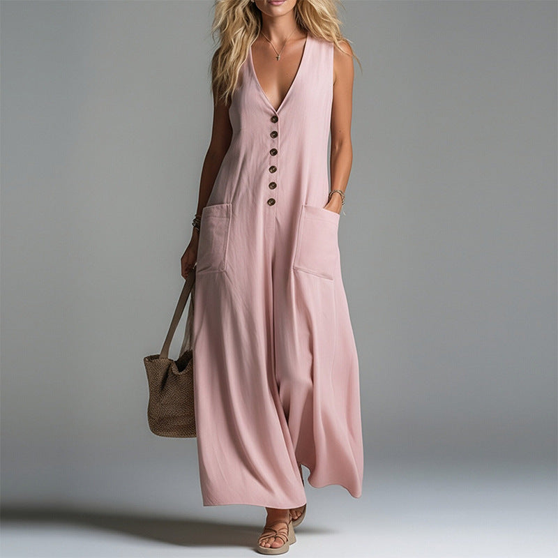 Women's V-Neck Sleeveless Button-Up Pencil Dress