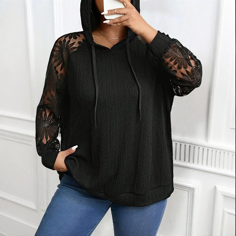 Women’s Plus Size Hoodie – Lace Long Sleeve Pullover Top