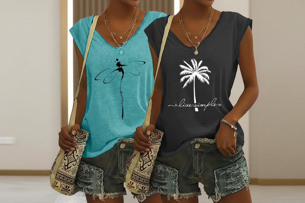 2-Pack Women's V-Neck Sleeveless Tank Tops – Loose Fit Casual Summer Beach Shirts