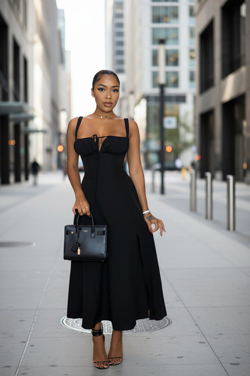 Women’s Solid-Colored Bustier Slit Lace-Up Casual Dress