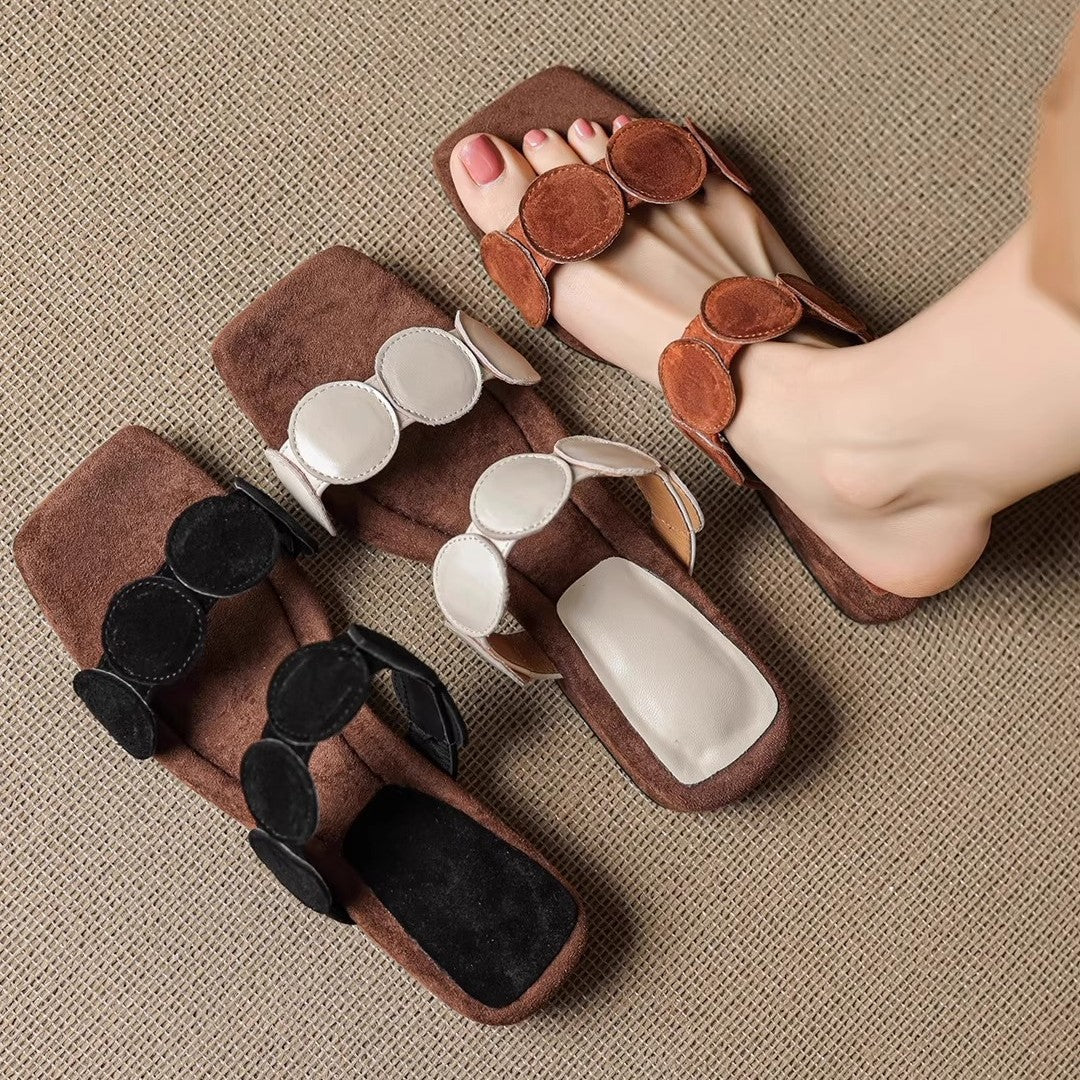 Women's Square Toe Sheepskin Slip-On Slippers – Korean Style Flat Mules