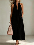 Cotton Halterneck Sleeveless Deep V-Neck Loose Straight-Line Dress