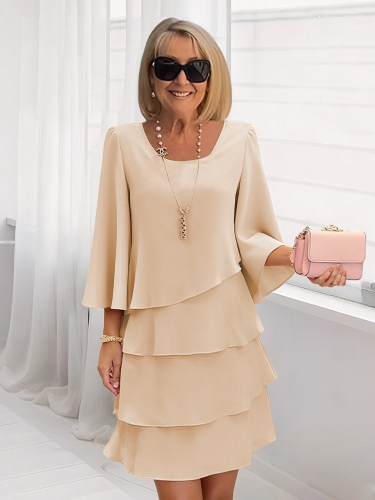 Patchwork Cake Midi Dress – Round Neck Short Sleeve Tiered Skirt