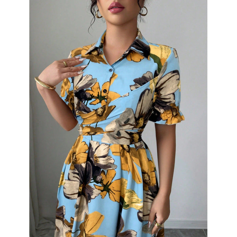 Women’s Printed Puff Sleeve Dress – Blouse Collar Cross-Tie Waist Style