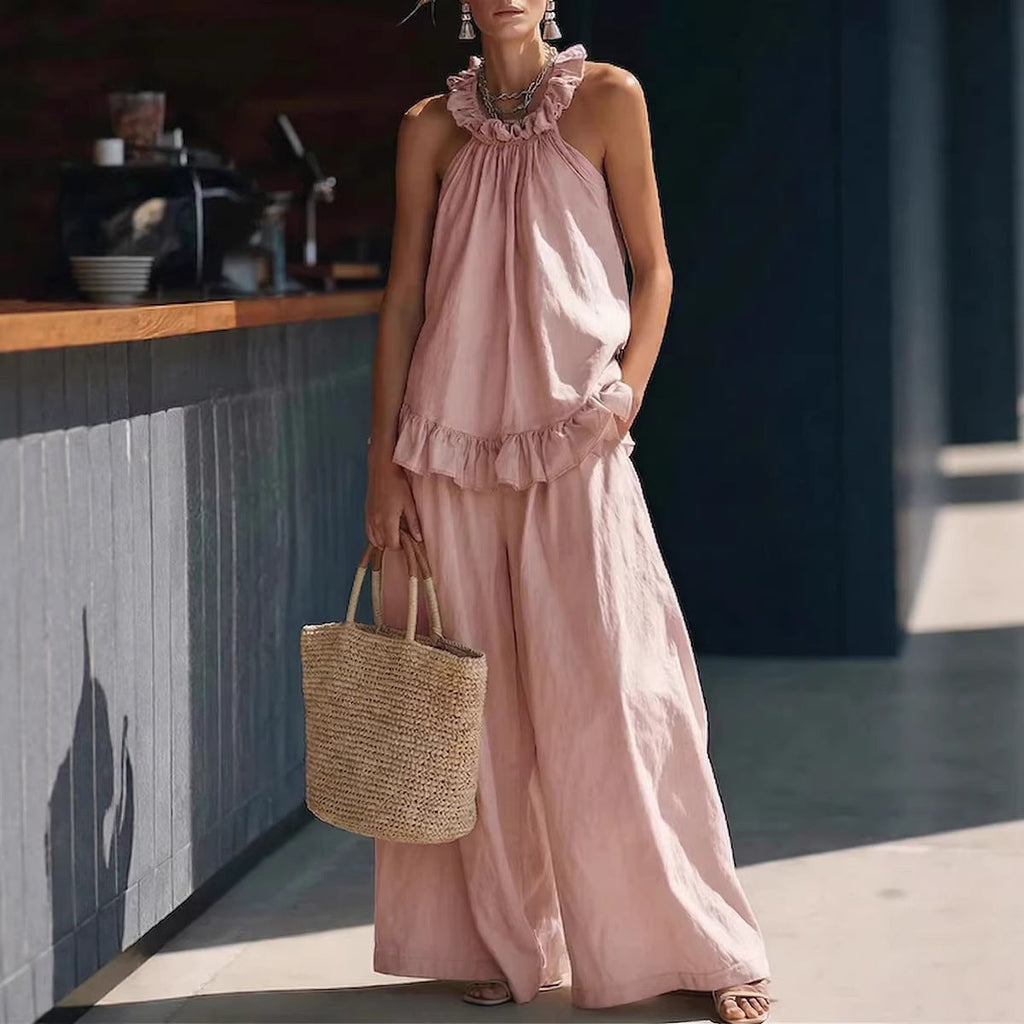 Halterneck Loose Two-Piece Set | Pleated Asymmetric Pocket Set