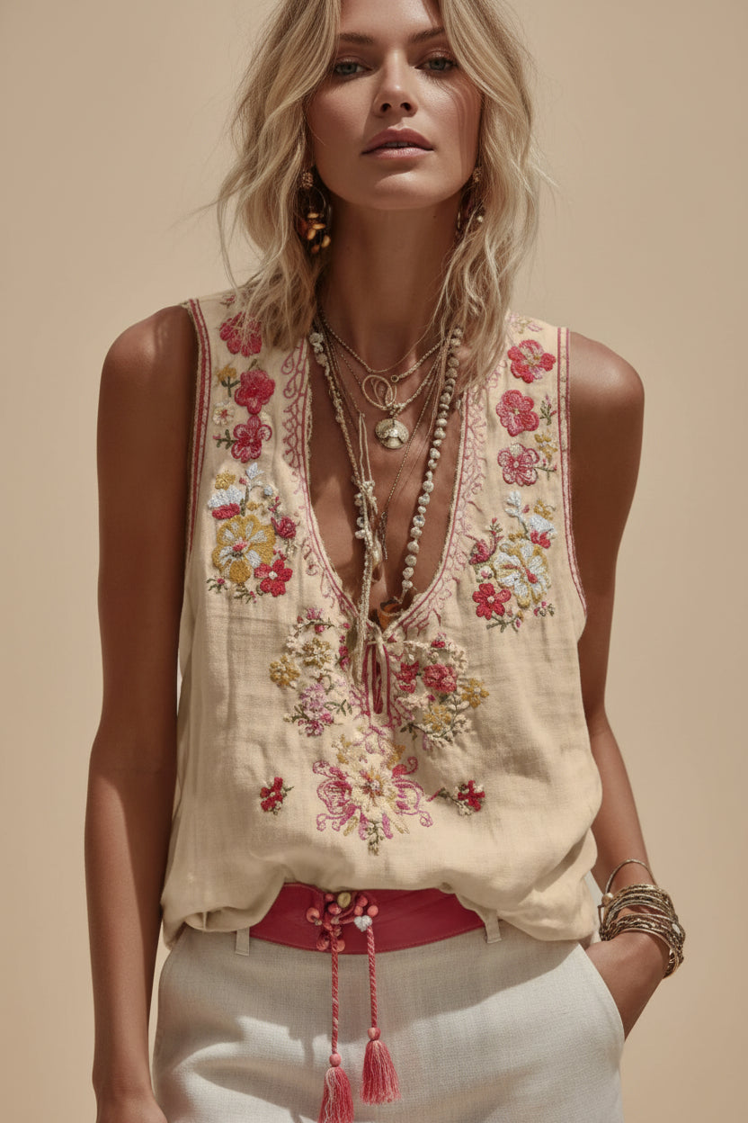 Women's Botanical Floral Print V-Neck Tank Top – 3D Digital Print