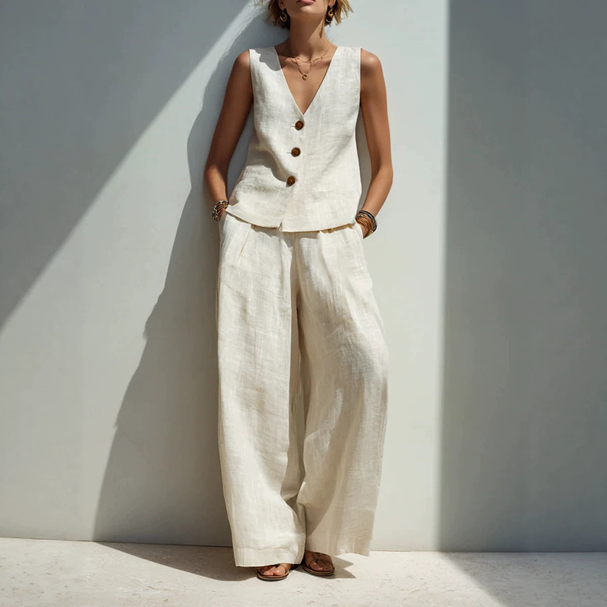 Linen Blend V-Neck Buttoned Vest & High-Waist Wide-Leg Pants Set – 5 Colors S–3XL