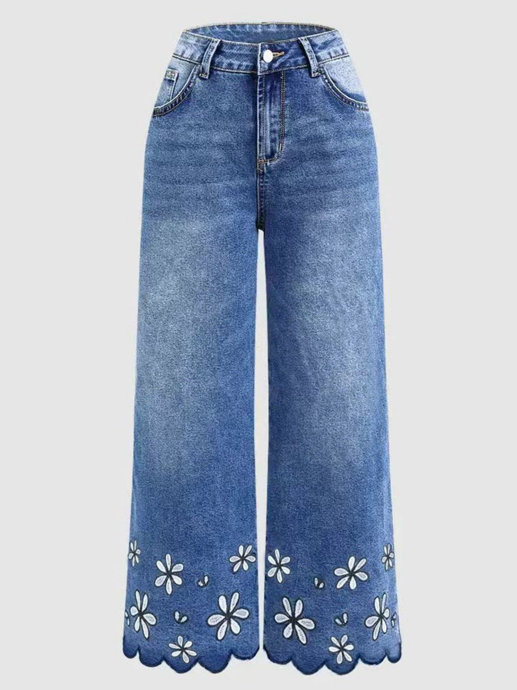 Chrysanthemum Embroidered Cropped Denim Jeans – Women's Loose Straight-Leg