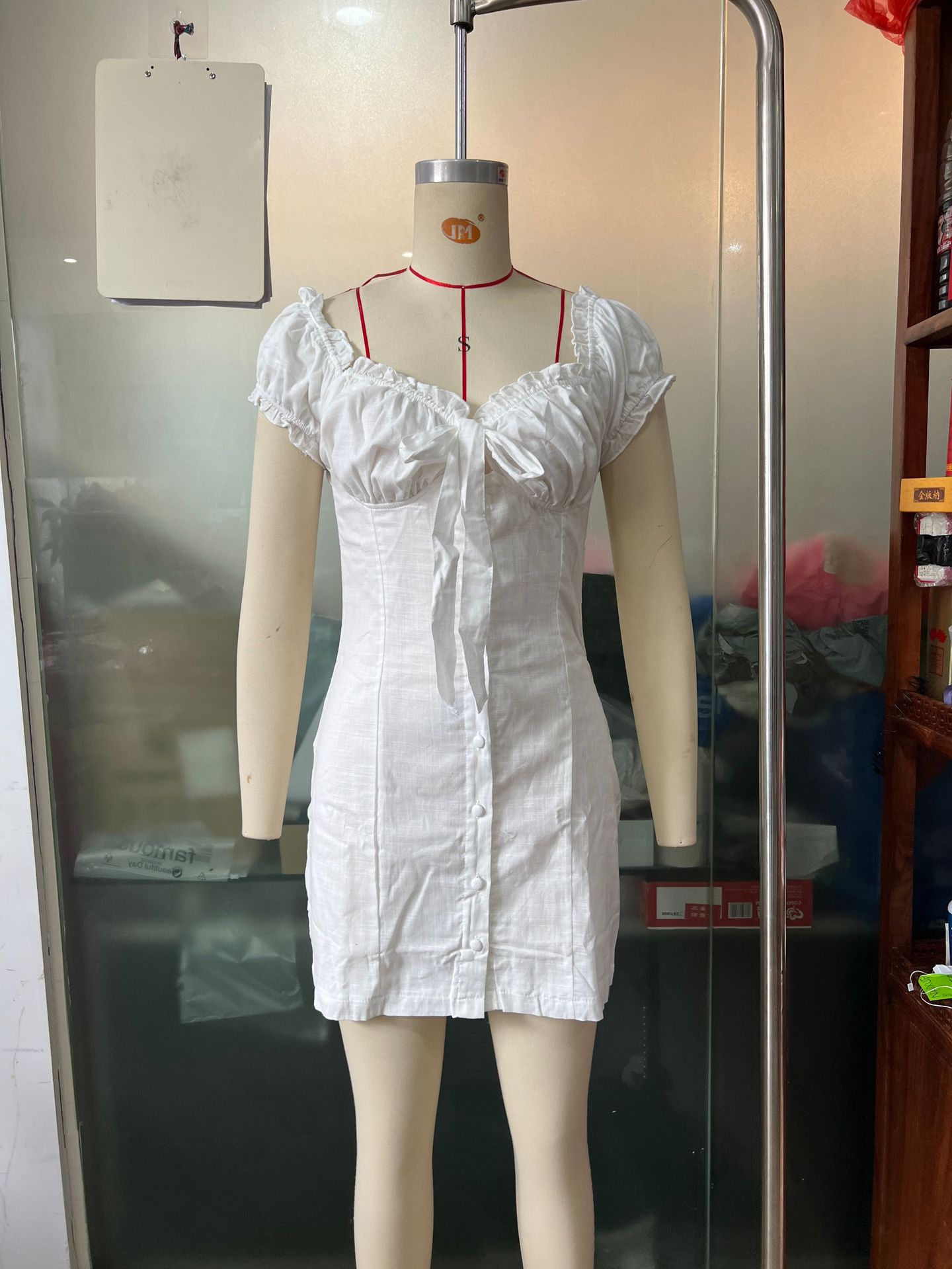 Women's Off-Shoulder Lace-Up Puff-Sleeve Single-Breasted Sheath Dress