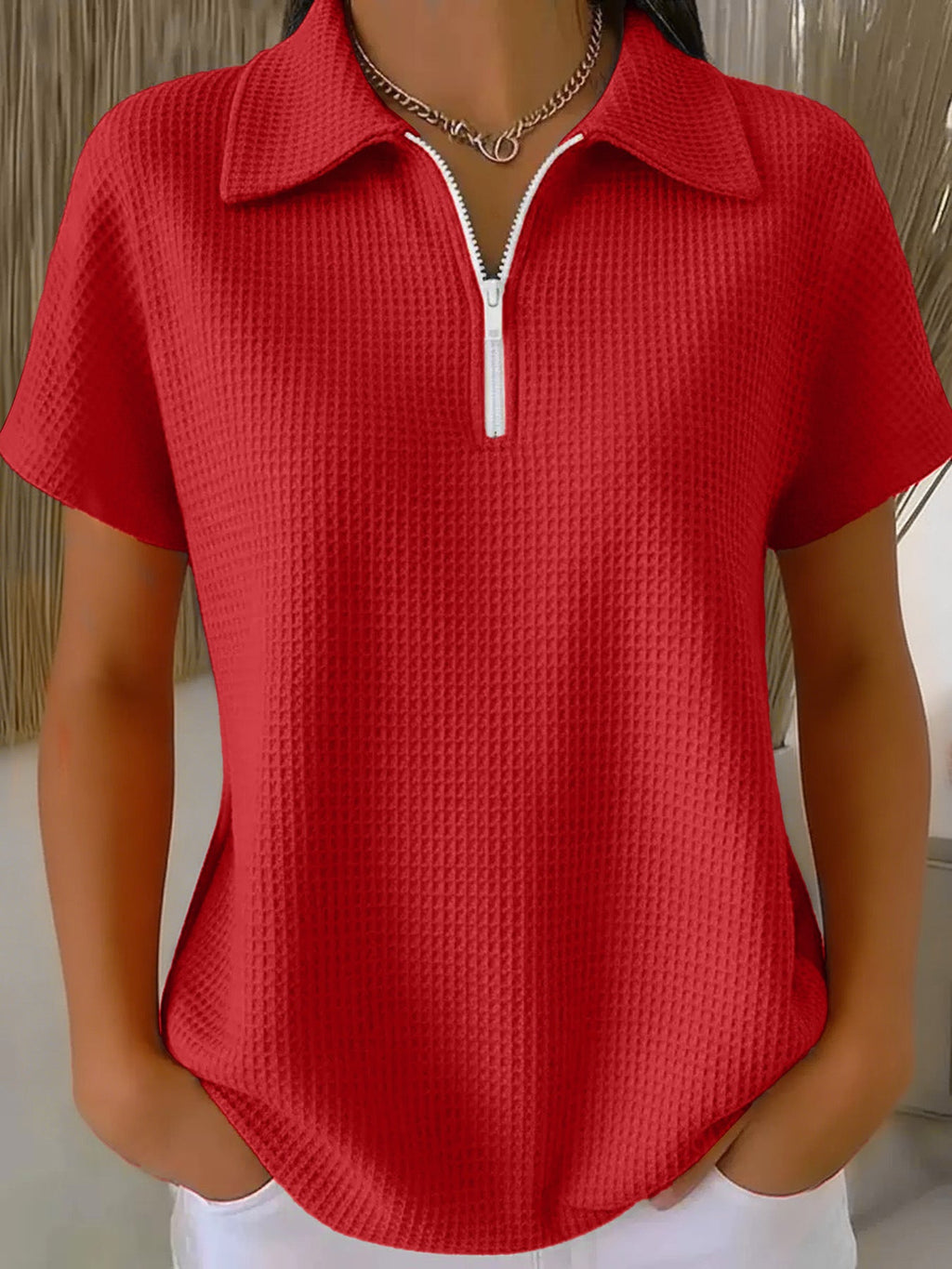 Drop Shoulder Half-Zip Waffle Knit Top – 3/4 Sleeve Pullover