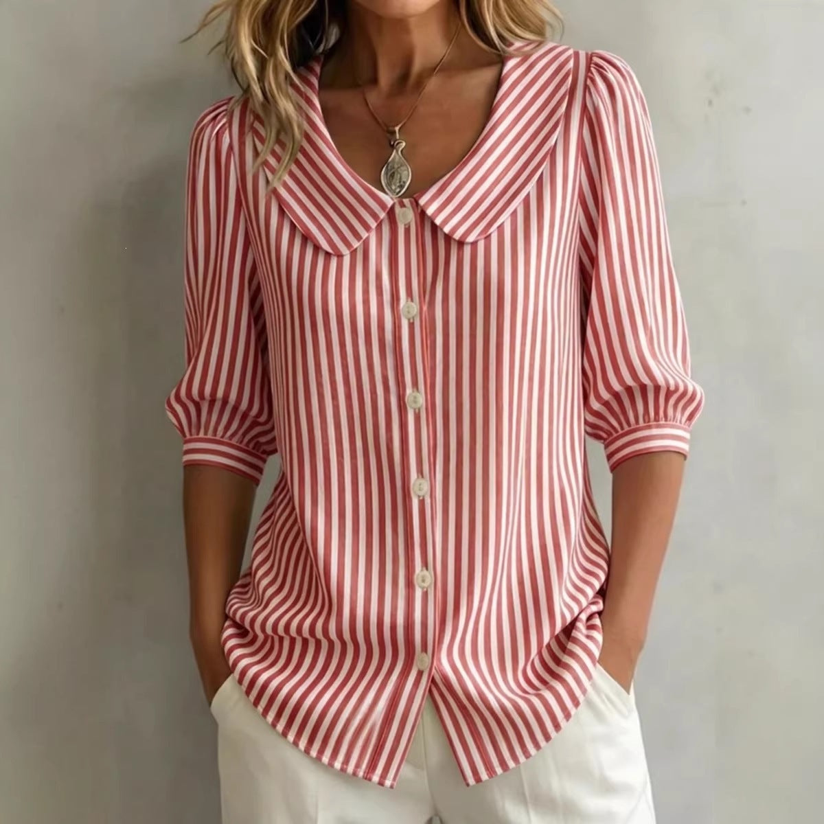 Striped V-Neck Top – Three-Quarter Sleeve Casual Shirt