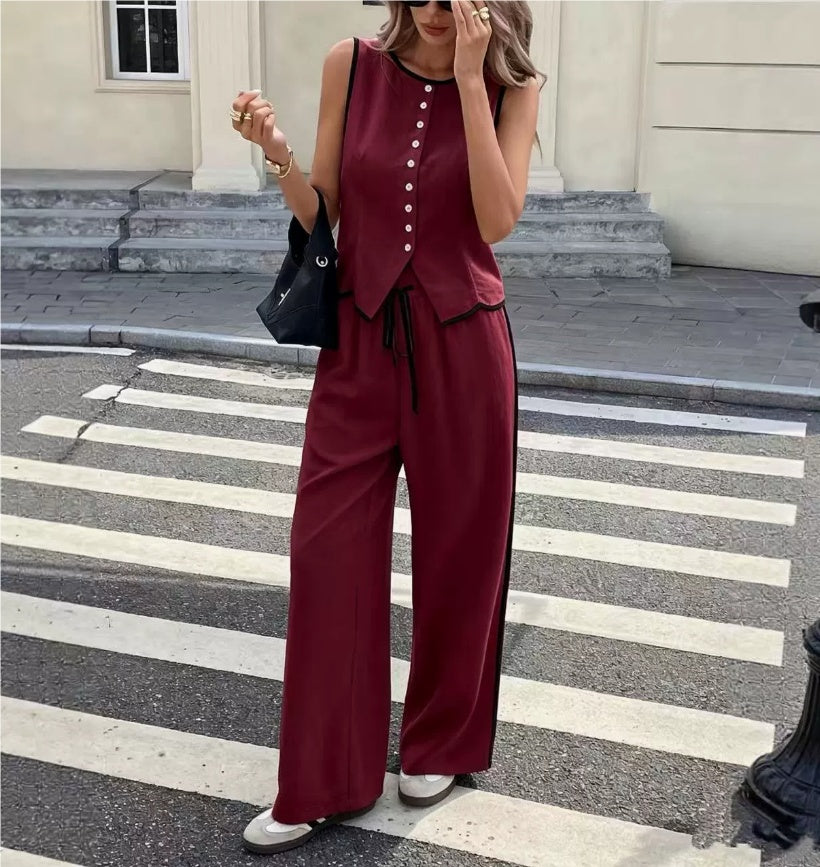 Women's Contrast Color Sleeveless Vest & Drawstring Trousers Suit – 6 Colors S–XXL