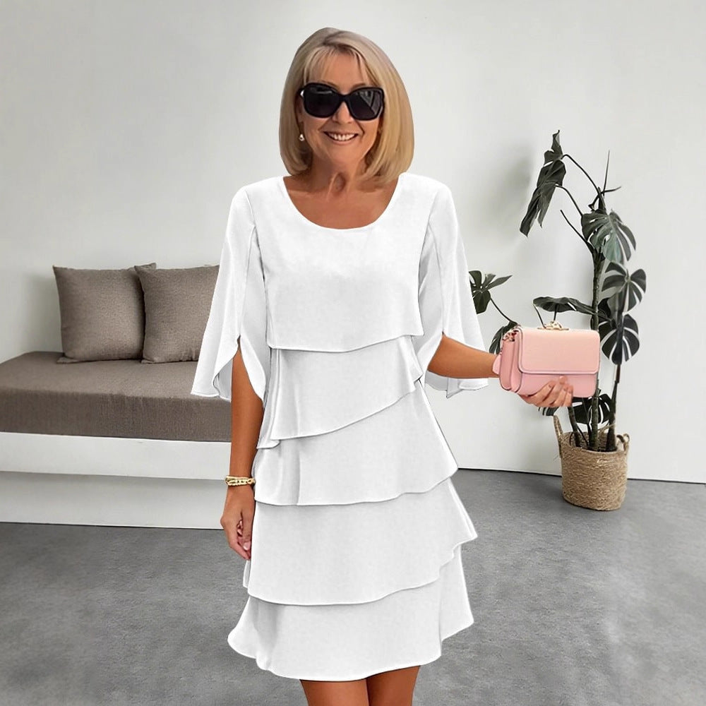 Patchwork Cake Midi Dress – Round Neck Short Sleeve Tiered Skirt