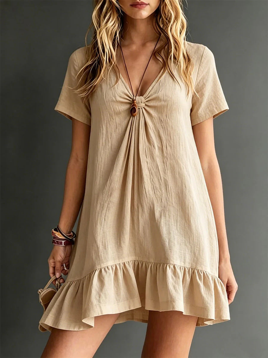 Women's V-Neck Short-Sleeve Midi Dress – Ice Silk Crepe Loose Casual