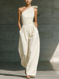 Women's Loose Sleeveless Off-Shoulder Belted Wide-Leg Jumpsuit